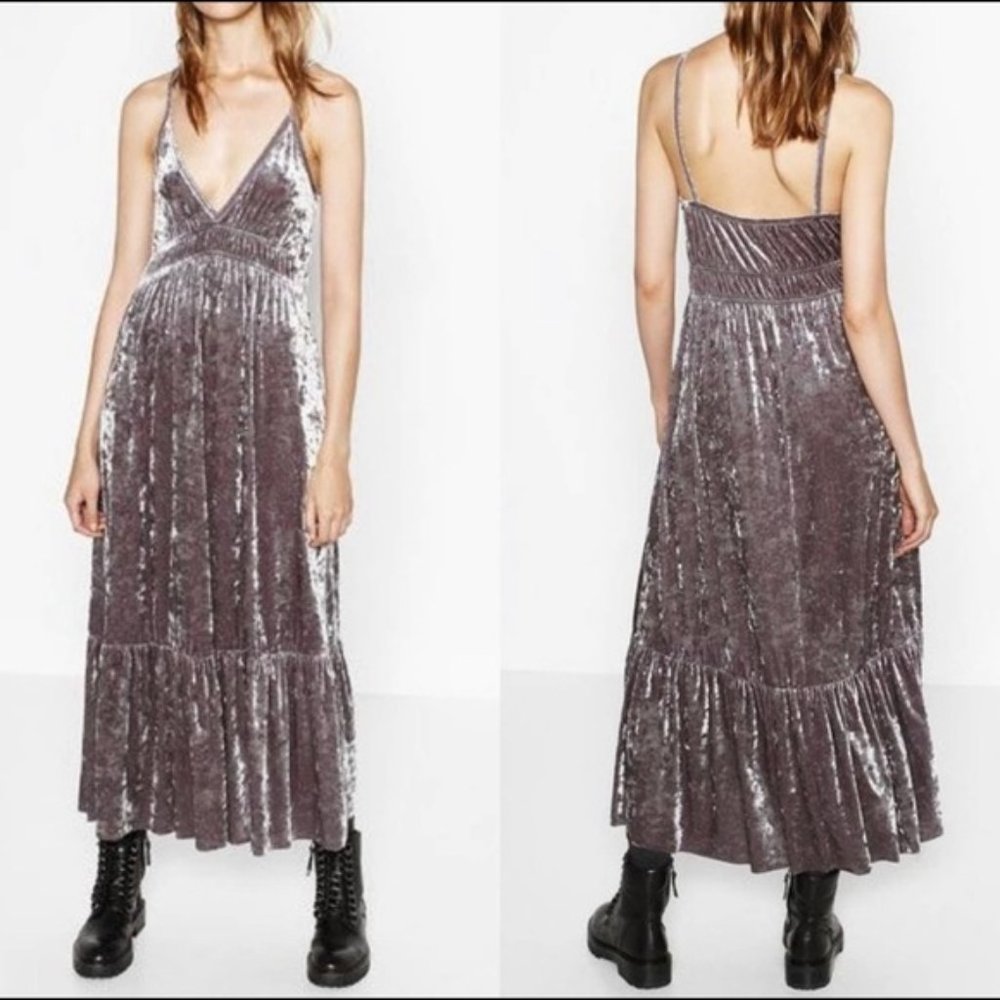 ZARA Silver Velvet Maxi Dress Small